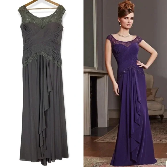 VM COLLECTION ILLUSION CAP SLEEVE RUCHED BUST BEADED FORMAL EVENING GOWN - Picture 1 of 16